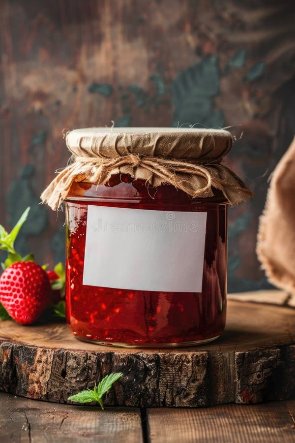Hausgemachte Erdbeermarmelade in einem Glas mit rustikalem Einbruch lizenzfreie stockbilder