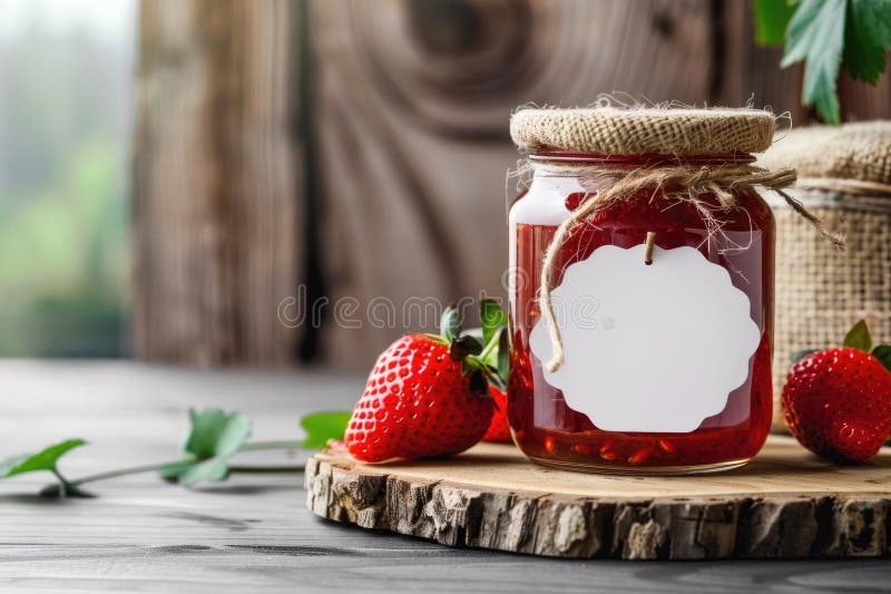 Hausgemachte Erdbeermarmelade in einem Glas mit rustikalem Einbruch stockfotografie