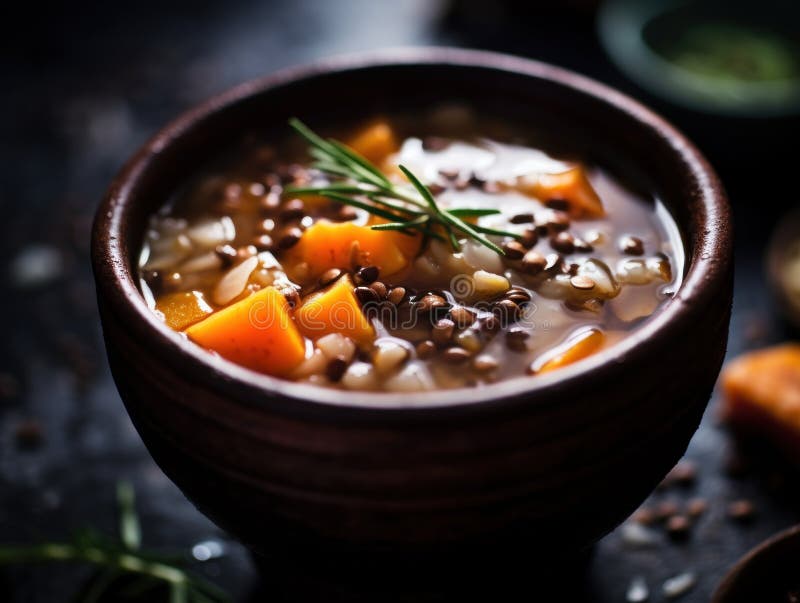 Hausgemachte herzhafte Linsensuppe in einer rustikalen Schüssel stock abbildung