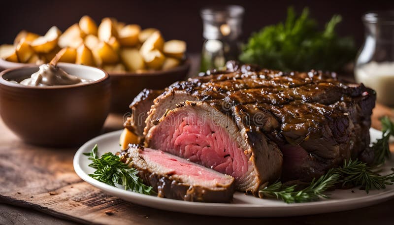 Hausgemachte Ständige Rippenbrühe mit Sauce aus Horseradish und Kartoffeln vektor abbildung