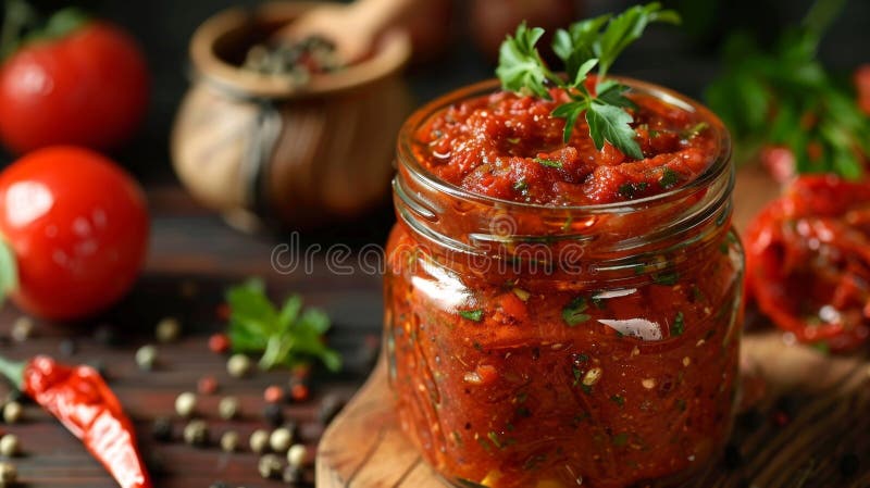 Hausgemachte Tomatensalsa in einem Glas stock abbildung