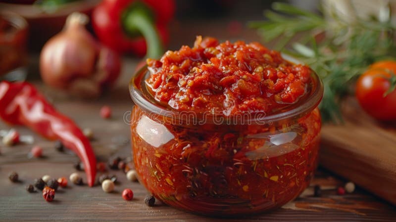 Hausgemachte Tomatensalsa in einem Glas stock abbildung