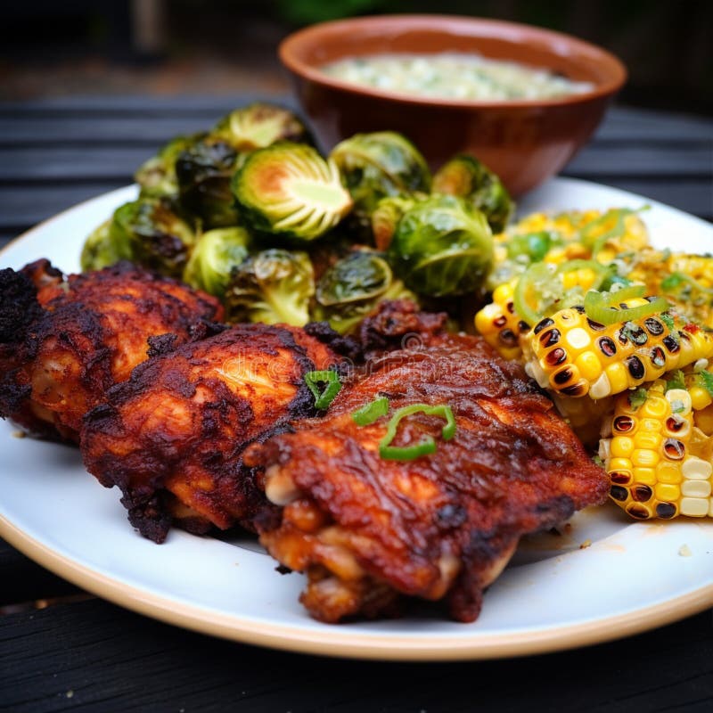 Hausgemachtes Gewürzhühnchen mit Bq Glaze und Sprossenveges stock abbildung