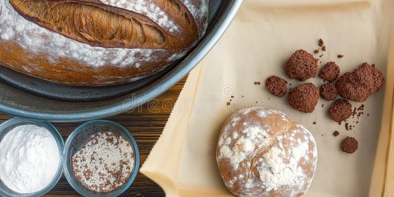 Hausgemachtes Rohbrot mit handwerklichen Schnitzeln auf einem rustikalen Küchentisch. Generative AI lizenzfreie abbildung