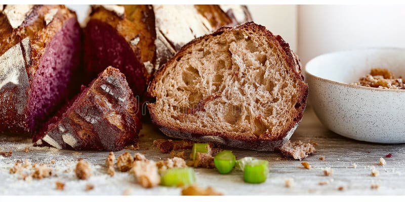 Hausgemachtes Rohbrot mit rustikaler Kruste und weichem Interieur auf einem Holztisch. Generative AI vektor abbildung