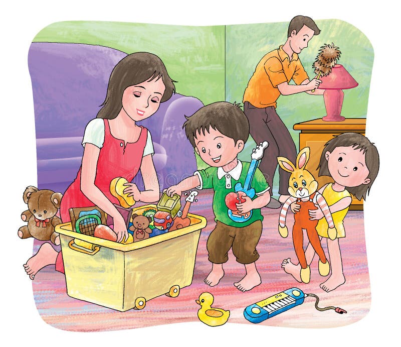 A family happily help to each other to clean up the house. A family happily help to each other to clean up the house