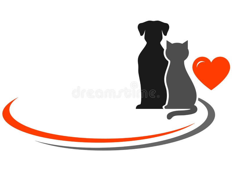 Pets silhouettes, red heart and place for text. Pets silhouettes, red heart and place for text