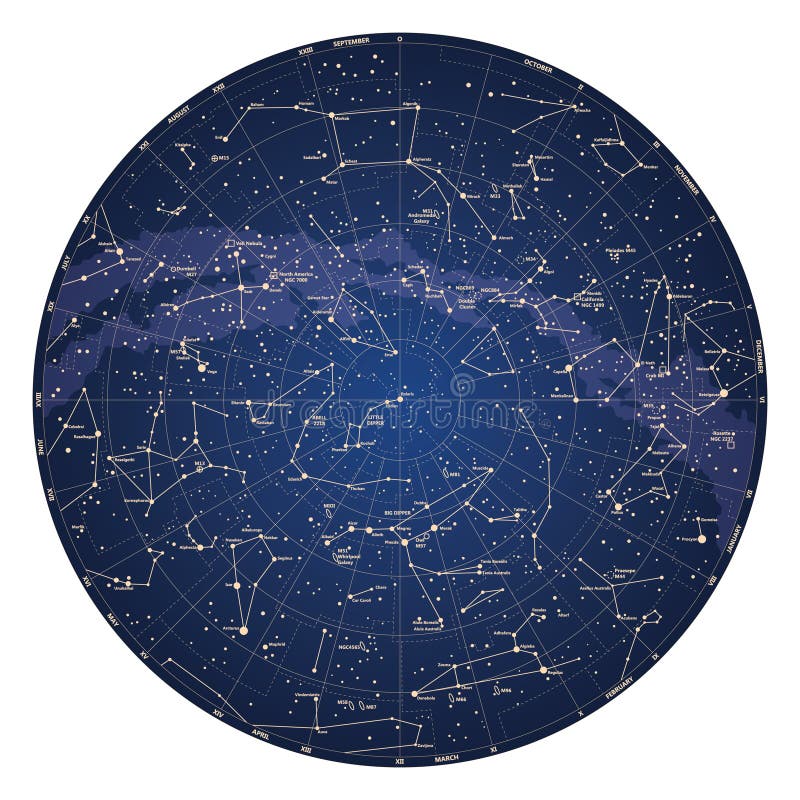 Haute carte de ciel détaillée d'hémisphère nord avec des noms des étoiles