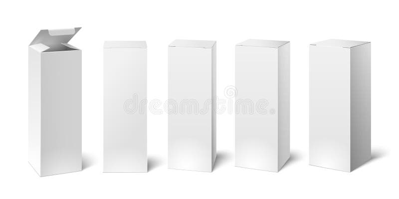 Haute maquette blanche de boîte en carton Ensemble d'emballage cosmétique ou médical, boîtes de papier Illustration de vecteur
