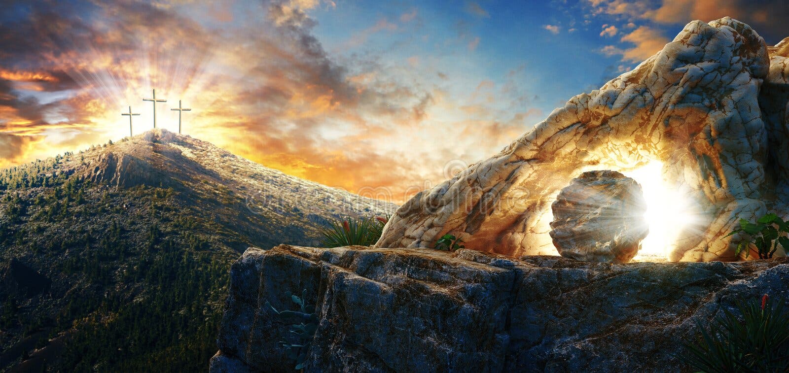 Haute résolution. concept du dimanche de pâques : pierre de tombe vide avec croix sur fond de soleil de prairie rendu 3d Haute résolution. concept du dimanche de pâques : pierre de tombe vide avec croix sur fond de soleil de prairie rendu 3d