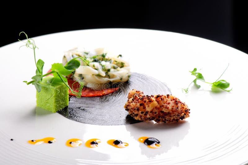 Hautekeuken, Gastronomisch voorgerecht, pijlinktvis, garnalentempura stock afbeeldingen Hautekeuken, Gastronomisch voorgerecht, pijlinktvis, garnalentempura stock afbeeldingen