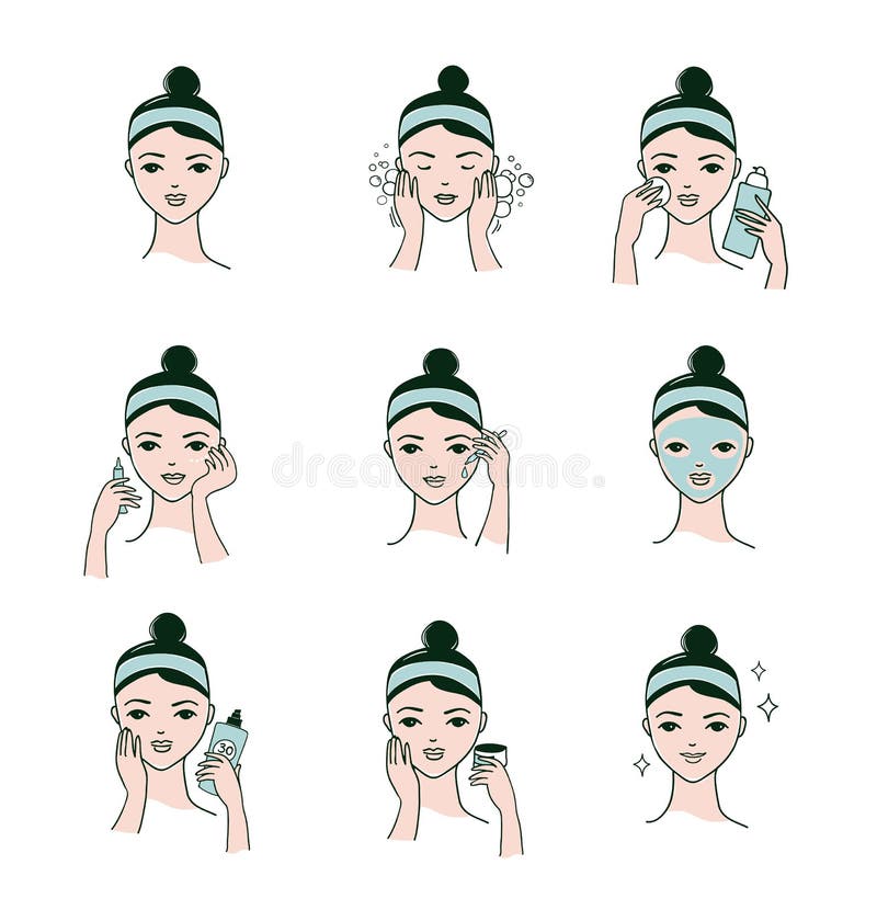 Skin care routine, simple woman face with a different facial procedures banner. Skin care routine, simple woman face with a different facial procedures banner