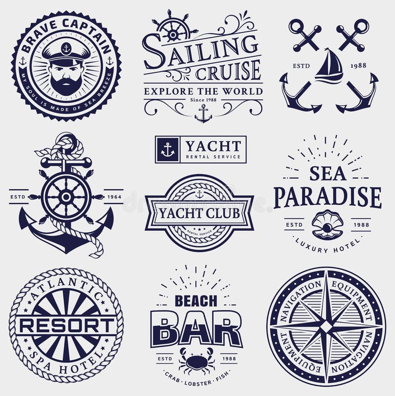 Hav och nautiska logoer som isoleras på vit bakgrund