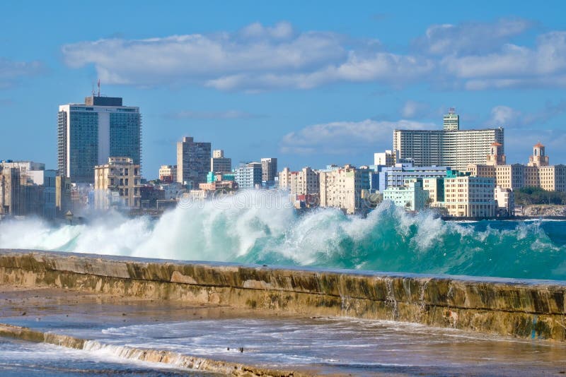 Havana skyline with waves crashing on the Malecon seawall