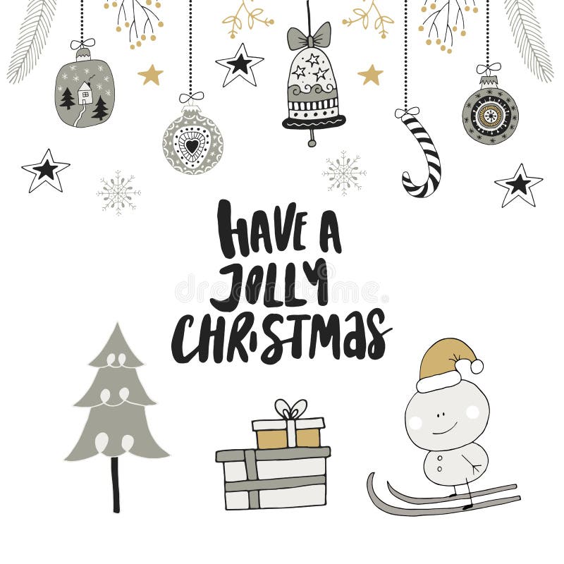 Have a Jolly Christmas - hand drawn Christmas lettering with floral and decorations. Cute New Year clip art. Vector illustration.