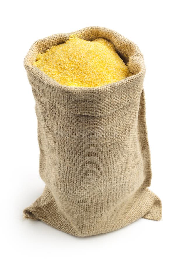 Canvas bag with cornmeal isolated on white background. Canvas bag with cornmeal isolated on white background