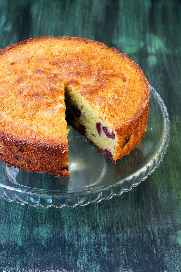 Cornmeal, almond cherry cake with orange syrup. Cornmeal, almond cherry cake with orange syrup