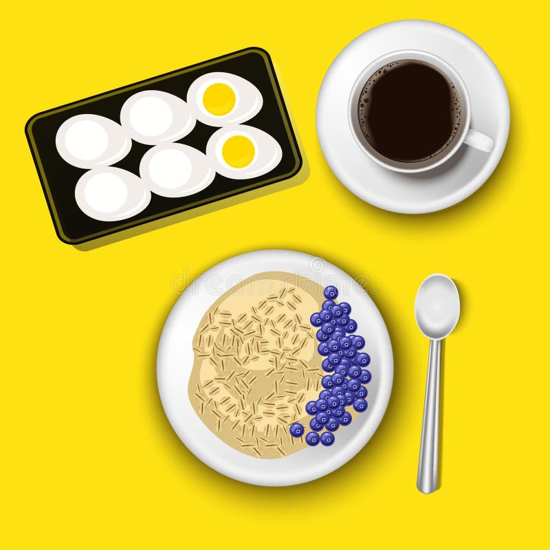 Havremjöl i en bunke med blåbär, koppen kaffe och de kokta äggen Top beskådar Sund naturlig frukost arkivbilder Havremjöl i en bunke med blåbär, koppen kaffe och de kokta äggen Top beskådar Sund naturlig frukost arkivbilder