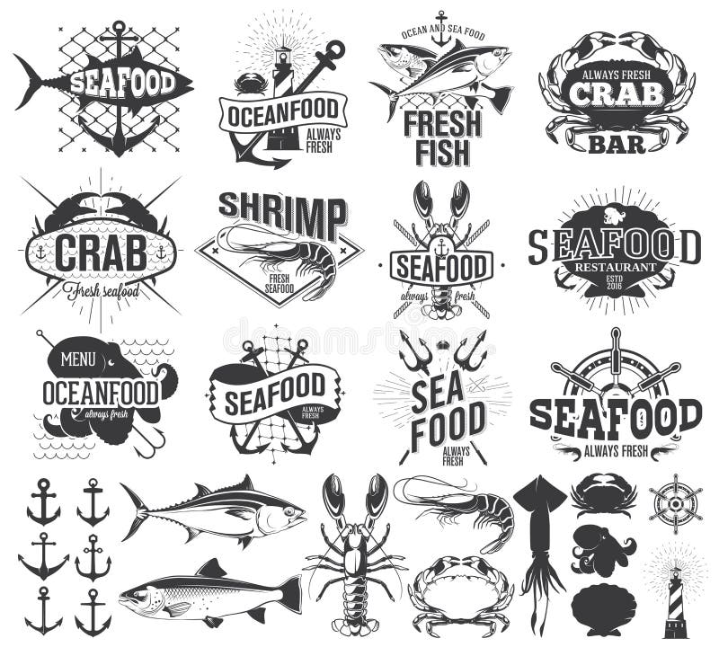 Havs- etiketter, logo och illustration