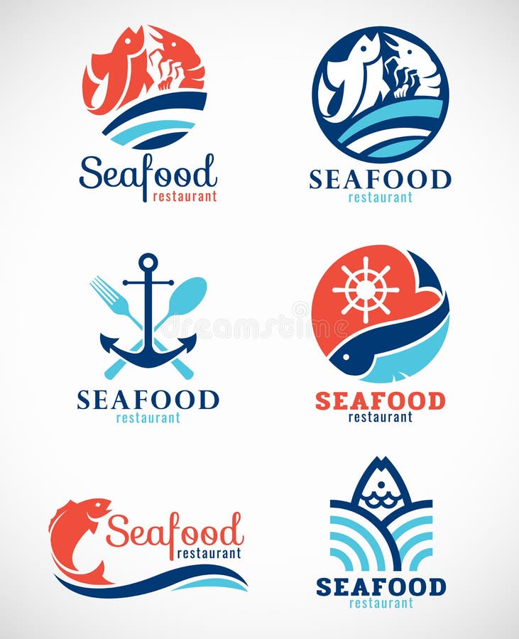 Havs- fastställd design för restaurang- och fisklogovektor