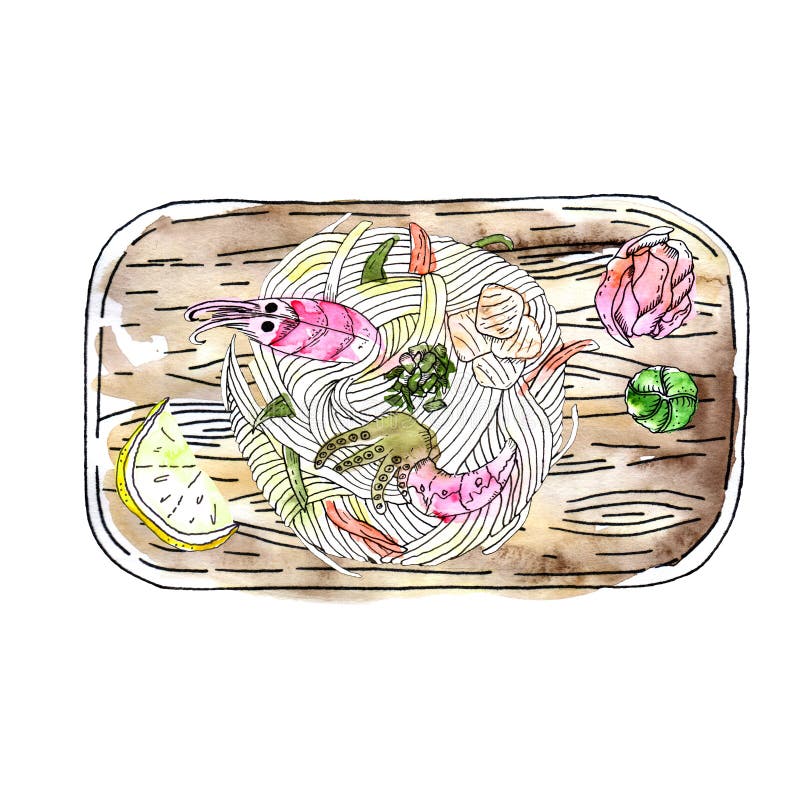 Havs- Udonnudelsoppa, populär japansk maträtt, med räka, krabbakött, kammussla, fiskkaka, snöärtor, champinjoner vektor illustrationer Havs- Udonnudelsoppa, populär japansk maträtt, med räka, krabbakött, kammussla, fiskkaka, snöärtor, champinjoner vektor illustrationer