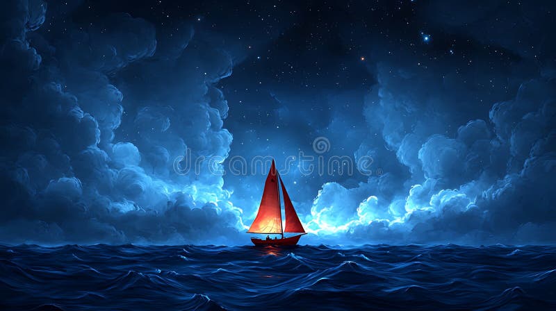 Havsfärd i nattsegelbåt, stjärnhimmel, moln vektor illustrationer