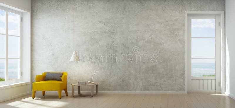 Havssiktsvardagsrum med betongväggen i det moderna strandhuset, lyxig inre av sommarhemmet fotografering för bildbyråer