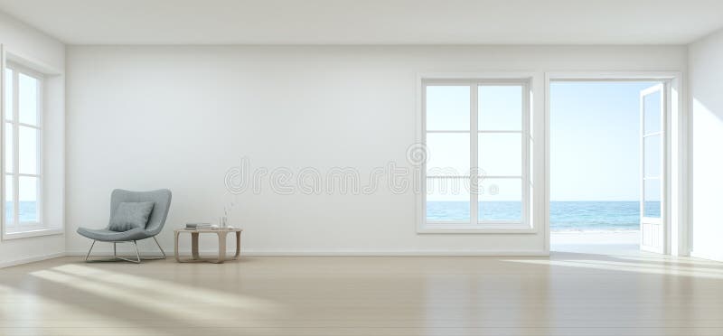 Havssiktsvardagsrum med den tomma väggen i det moderna strandhuset, lyxig vit inre av sommarhemmet arkivbild