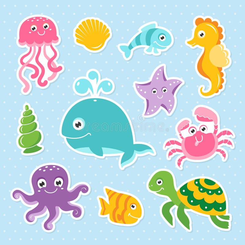 Havuppsättning med den gulliga seahorsen för val för sköldpadda för bläckfisk för havsdjur stock illustrationer Havuppsättning med den gulliga seahorsen för val för sköldpadda för bläckfisk för havsdjur stock illustrationer
