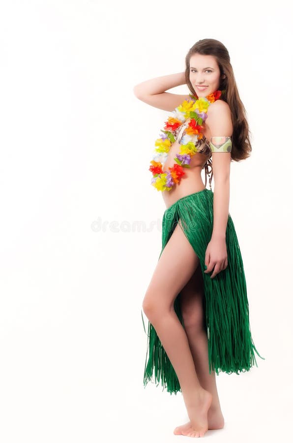 Hawaian girl. Young brunette girl dressed in hawaian welcoming dress with flowers around her neck. Isolated on white stock photos Hawaian girl. Young brunette girl dressed in hawaian welcoming dress with flowers around her neck. Isolated on white stock photos