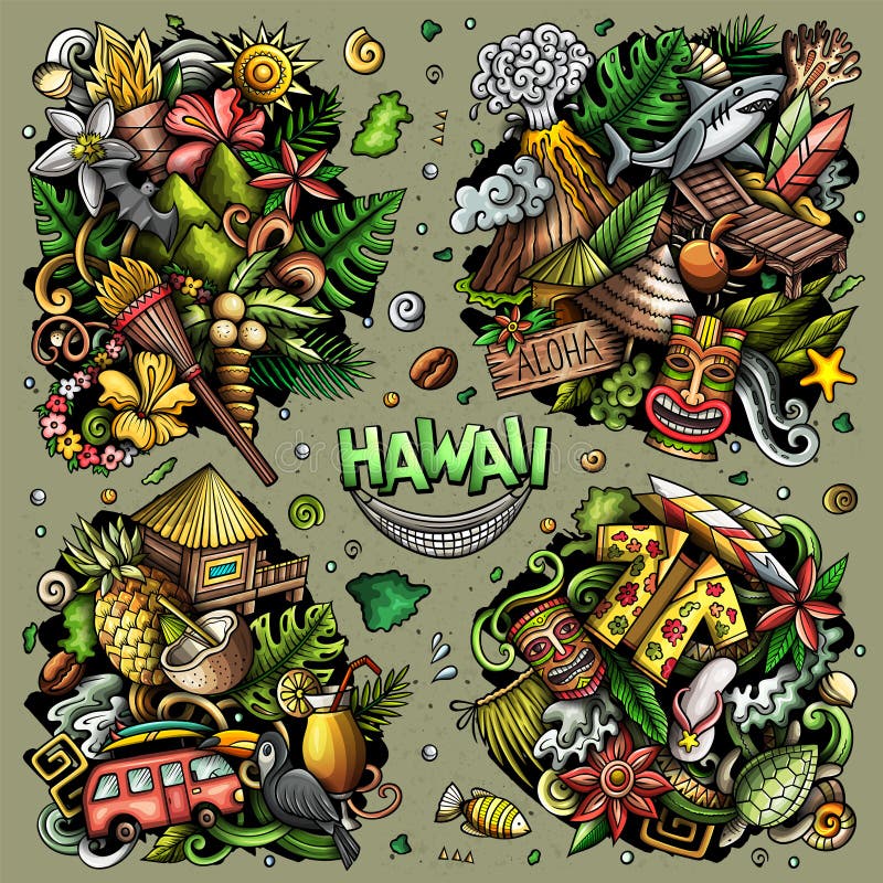 Hawaii Cartoon Vector Doodle Designs Set Stock Vector Illustration Of Nature Pack