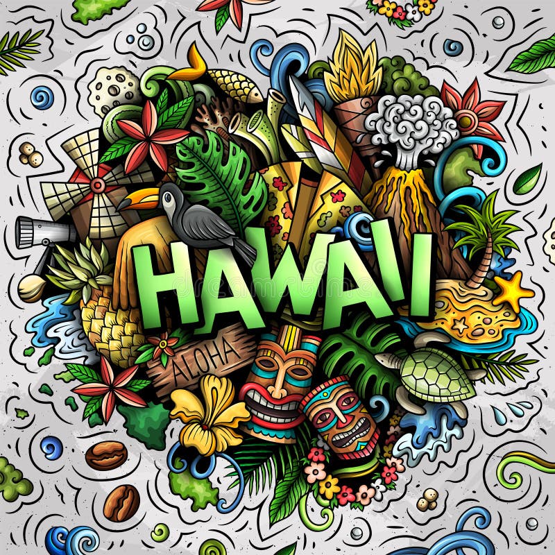 Hawaii Hand Drawn Cartoon Doodle Illustration Funny Hawaiian Design Stock Vector Illustration