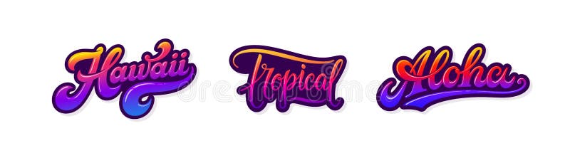 Hawaii som är tropisk, aloha retro etiketter som isoleras på vit bakgrund Ställ in av sommartexter och ord Retro rosa och purpurf royaltyfri illustrationer Hawaii som är tropisk, aloha retro etiketter som isoleras på vit bakgrund Ställ in av sommartexter och ord Retro rosa och purpurf royaltyfri illustrationer