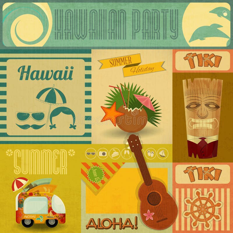 Hawaii Vintage Card. Set of stickers for Hawaiian Party in Retro Style. Illustration.