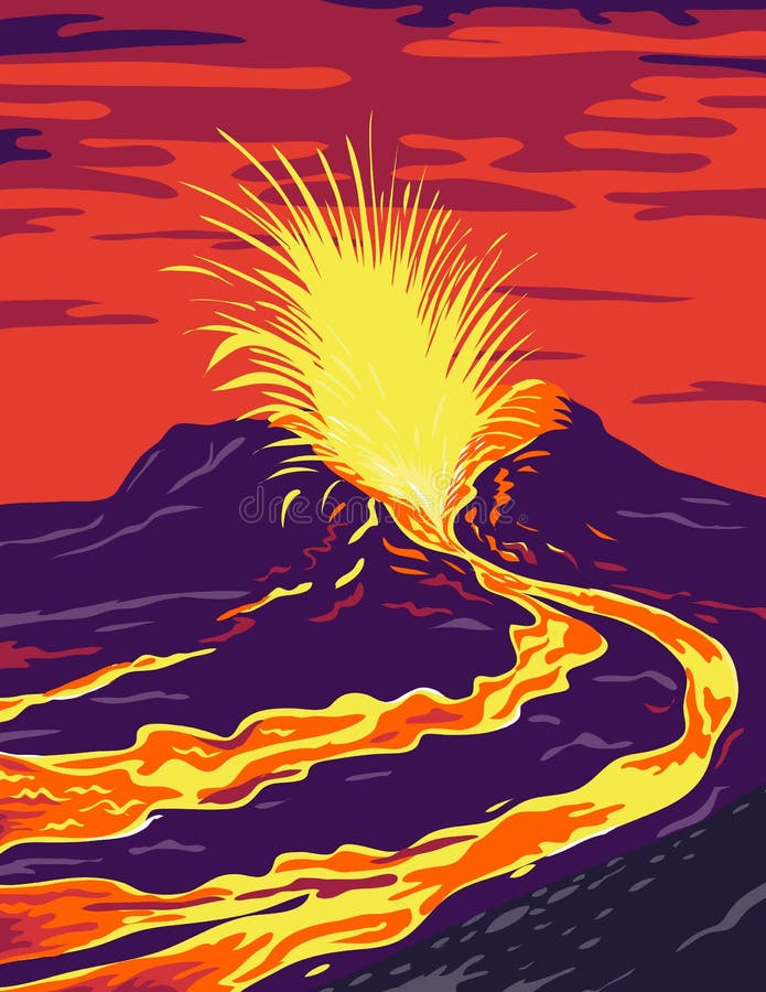 Hawaii vulcanoes nationalpark med aktiv kilauea vulcano förenade stater - affisch konsfärg stock illustrationer Hawaii vulcanoes nationalpark med aktiv kilauea vulcano förenade stater - affisch konsfärg stock illustrationer