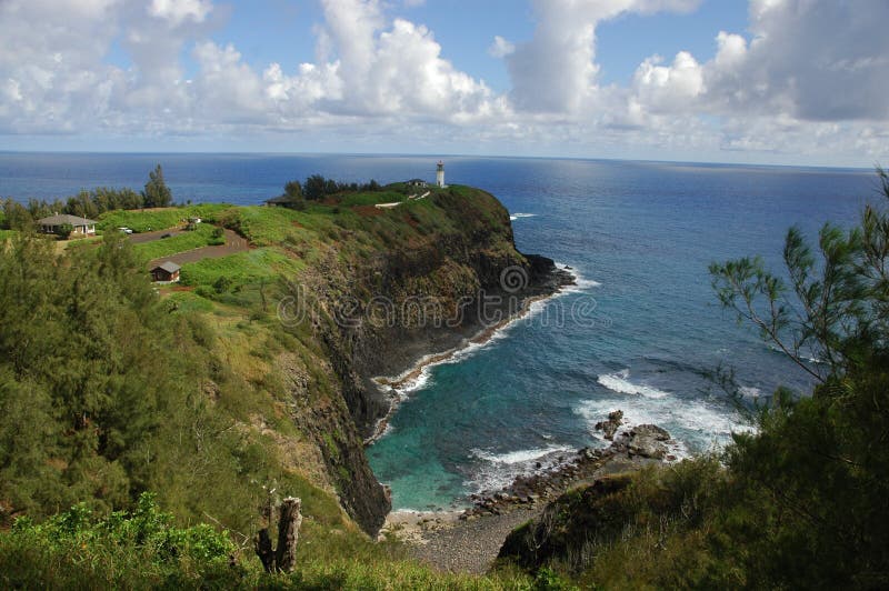 A lighthouse on the tip of a point of land on the Hawaiian island of Kauai. A lighthouse on the tip of a point of land on the Hawaiian island of Kauai.