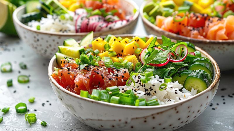 Hawaiian Poke Bowls on the Table with Seafood, Salad, Cucumbers