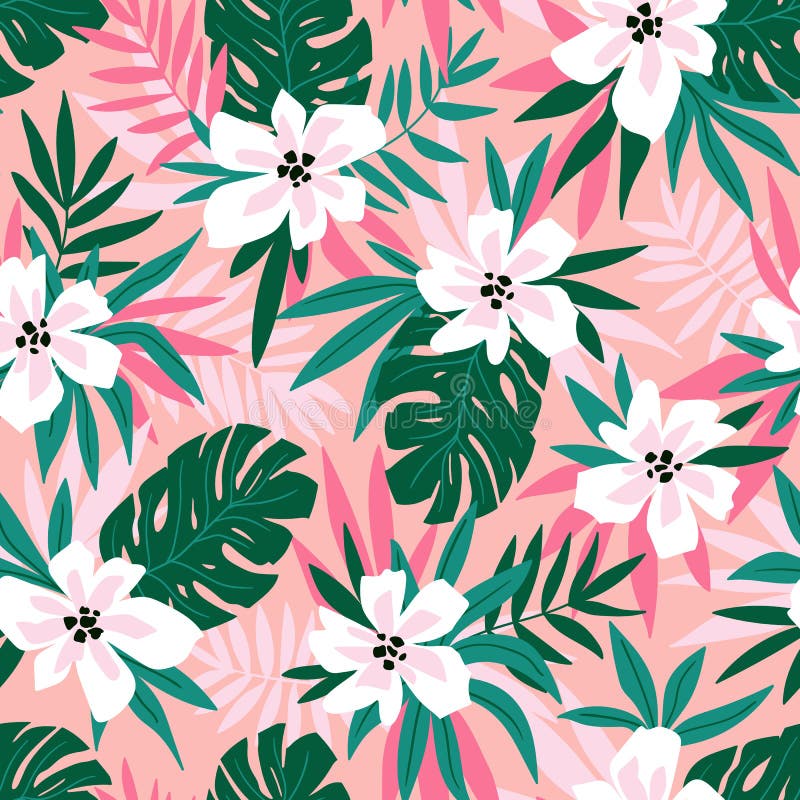 Hawaiian vector seamless pattern with pink flowers and green leaves. Stylish floral endless print for summer fabric design. royalty free illustration