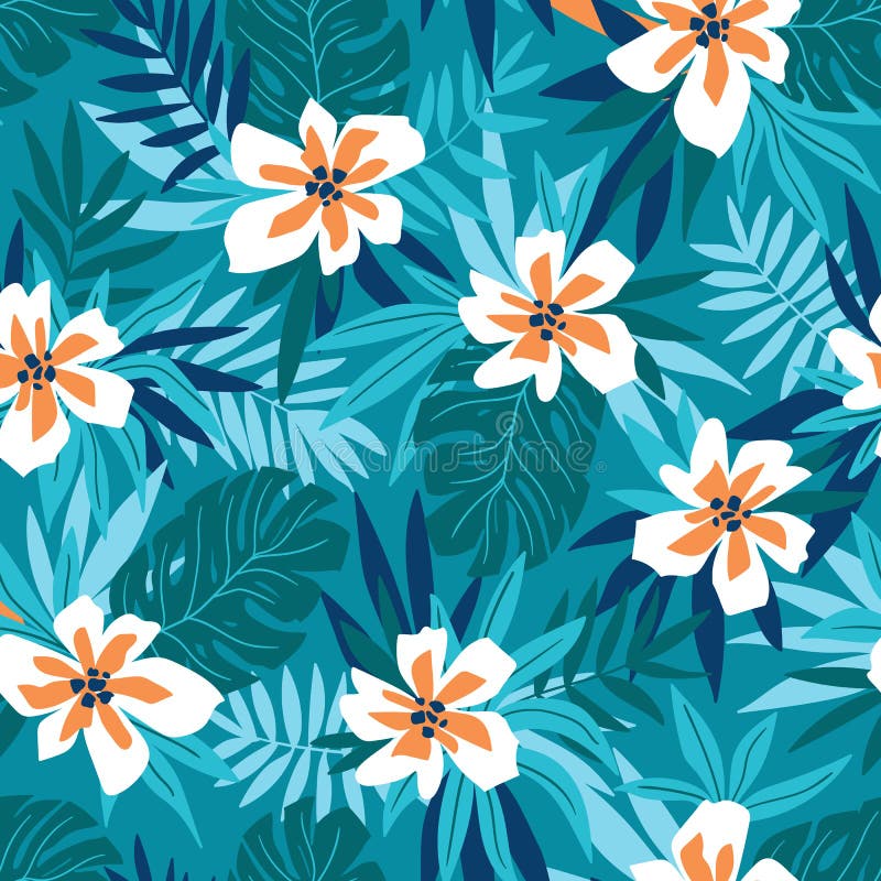 Hawaiisches nahtloses Muster mit rosa Blumen und blauen tropischen Blättern Stilvoller endloser mit Blumendruck f?r Sommergewebee