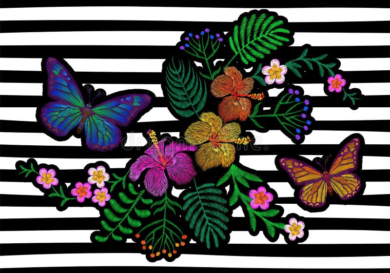 Hawaii flower embroidery trend geometric black white stripe. Fashion print decoration plumeria hibiscus palm leaves. Tropical exotic blooming bouquet butterfly illustration art. Hawaii flower embroidery trend geometric black white stripe. Fashion print decoration plumeria hibiscus palm leaves. Tropical exotic blooming bouquet butterfly illustration art