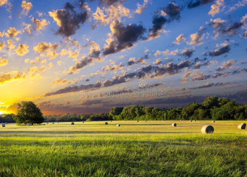 Hay Bales en la salida del sol imágenes de archivo libres de regalías