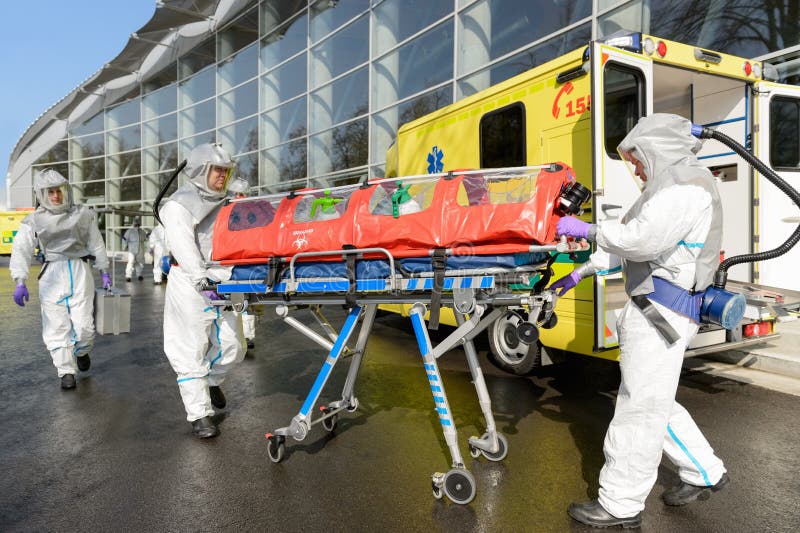 Corona virus medical team pushing stretcher