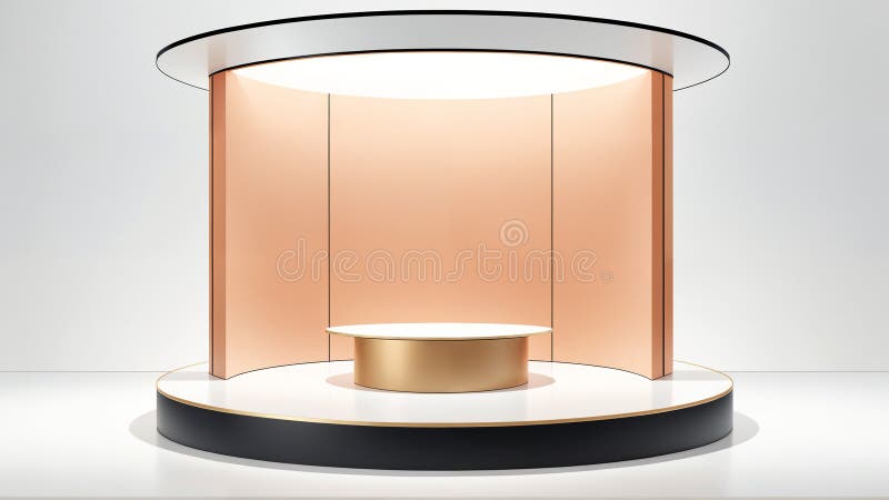Hd 3D rendering product display stage background. Circular 3D stage with a white top and red base, featuring a smaller cylindrical podium in the center. Behind, three vertically aligned beige panels provide a backdrop, adding depth and focus. The arrangement is set in a well-lit space, casting shadows and creating a modern, minimalist appearance, suitable for product displays or presentations. AI
