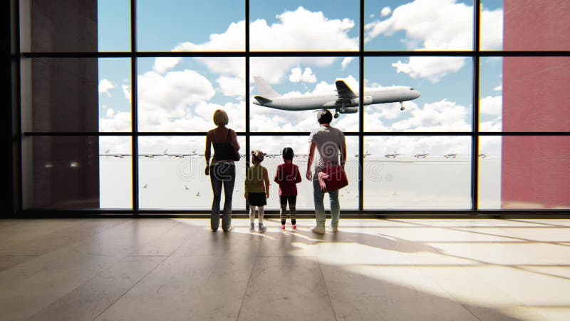 Happy Family In Airport Near Window Looking On Airplanes And Waiting Happy Family In Airport Near Window Looking On Airplanes And Waiting
