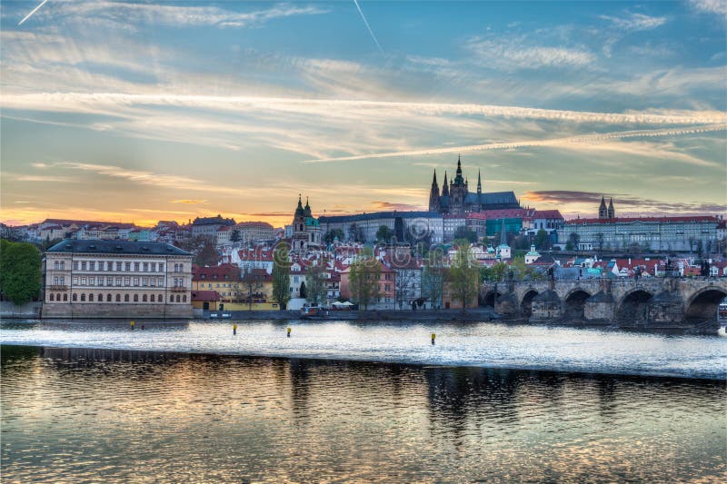 View of Charles bridge over Vltava river and Gradchany Prague C stock photos