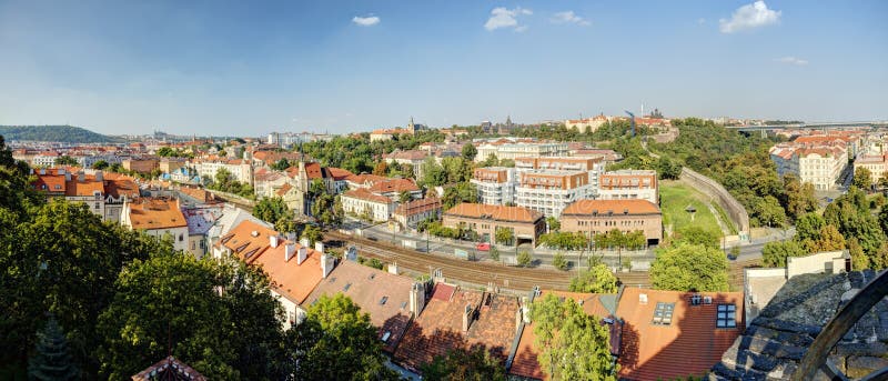 HDR photo panorama of Prague cityscape in afternoon sun, Czech republic. Photo taken at Vysehrad