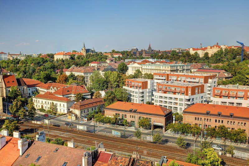 HDR photo panorama of Prague cityscape and Vltava river in afternoon sun, Czech republic. Photo taken at Vysehrad