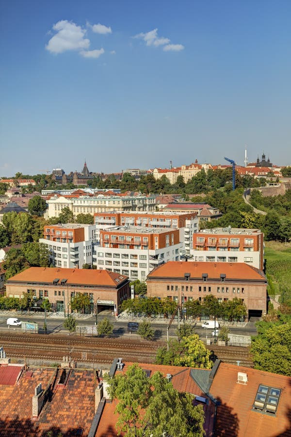 HDR photo panorama of Prague cityscape and Vltava river in afternoon sun, Czech republic. Photo taken at Vysehrad