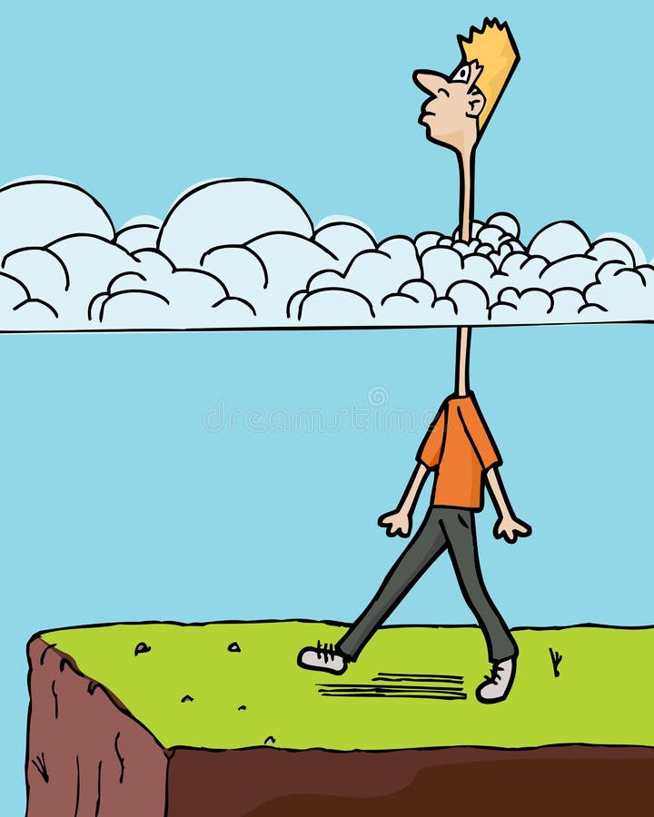 Man walks toward a ledge with long neck in clouds. Man walks toward a ledge with long neck in clouds