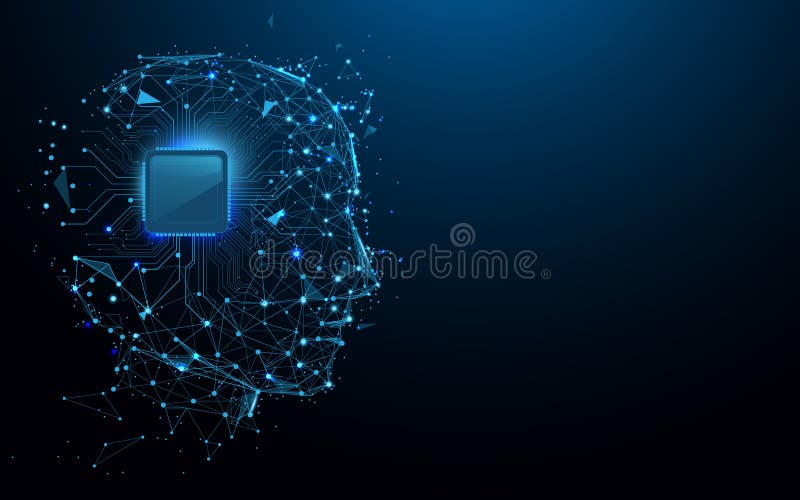 Head and computer chip form lines, triangles and particle style design. royalty free illustration